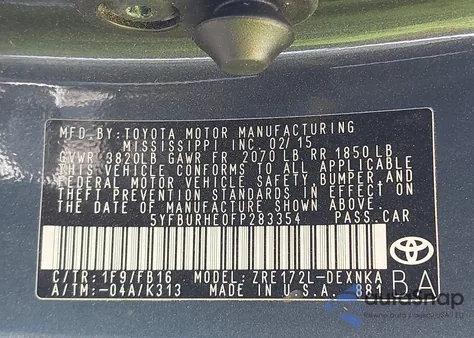 2015 Toyota Corolla Le из США, поврежденный, VIN 5YFBURHE0FP283354